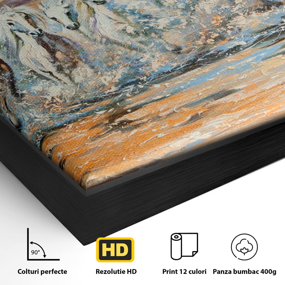 Detaliu al suprafetei: tablou canvas cu cai galopand in valuri, in rama de aluminiu negru